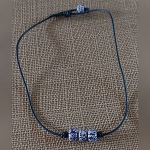 New Handmade 3 White/Blue Bead & Navy Blue Leather Necklace